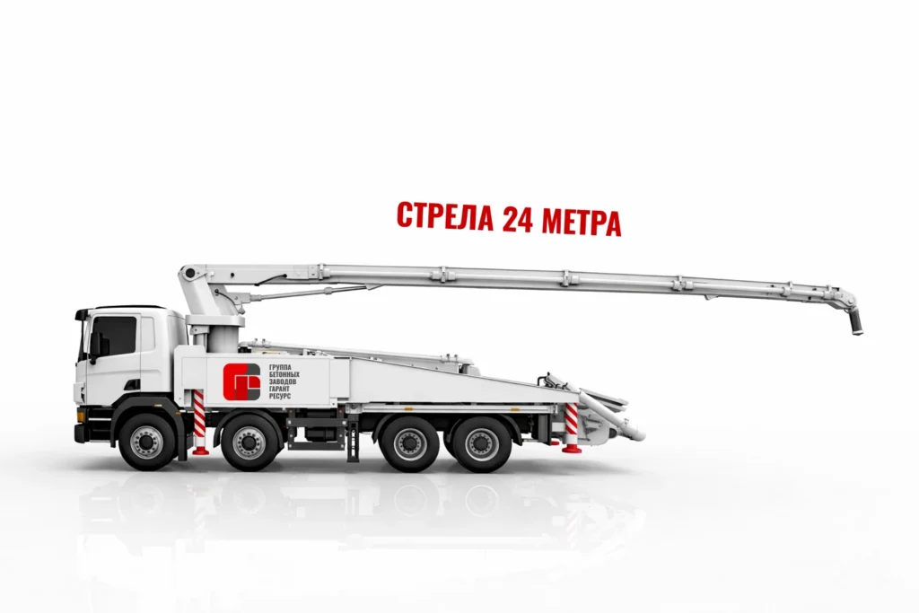 Автобетононасос со стрелой 24 м для подачи бетона на строительном объекте в Твери